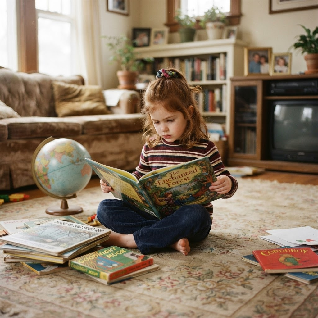 Giovanna as a young girl, sitting on the floor reading a picture book beside a globe