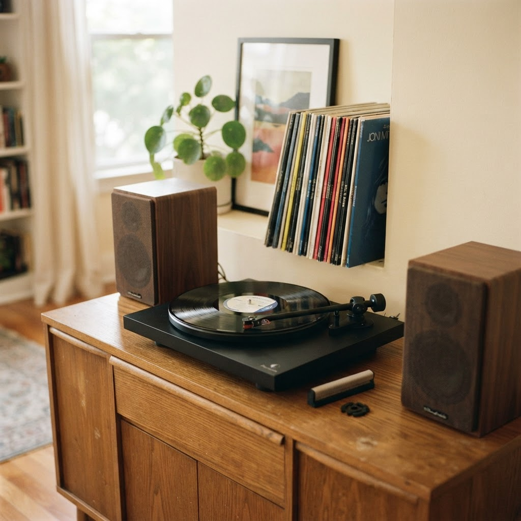The setup โ Audio-Technica and bookshelf speakers